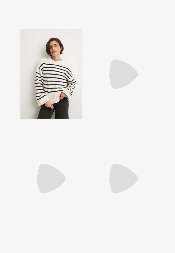 NA-KD STRIPED - Neule - off white with black stripe; Mustat leveälahkeiset farkut, joissa on vetoketjufrunti, viisi-taskuinen muotoilu ja hienovaraiset ompelusyyt. Sileä pinta ja rento tyyli.; Mustat nahkaiset slingback-korkokengät, joissa on terävä kärki ja paksu palkeellinen korko. Ominaisuuksiin kuuluu säädettävä hihna metallisoljella.; Iso beige kangaskassi, jossa on ruskeat nahkaremmit, minimalistisella suunnittelulla ja näkyvillä ompeluvarastoilla.
