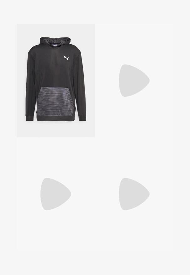 Puma CONCEPT HYPERWAVE HOODIE - Hoodie - black/cool dark gray; Grijze katoenen shorts met een elastische tailleband, voorzien van zijzakken en een relaxte pasvorm. Soepele textuur en knielange stijl.; Zilveren en zwarte sportschoenen met een bovenwerk van mesh, een gevoerde zool, vetersluiting en een zijlogo.; Zonnebril met een slank, lichtgrijs kunststof frame, wikkelontwerp, donkere lenzen en een gladde textuur. Beschikken over minimale branding aan de zijkant.