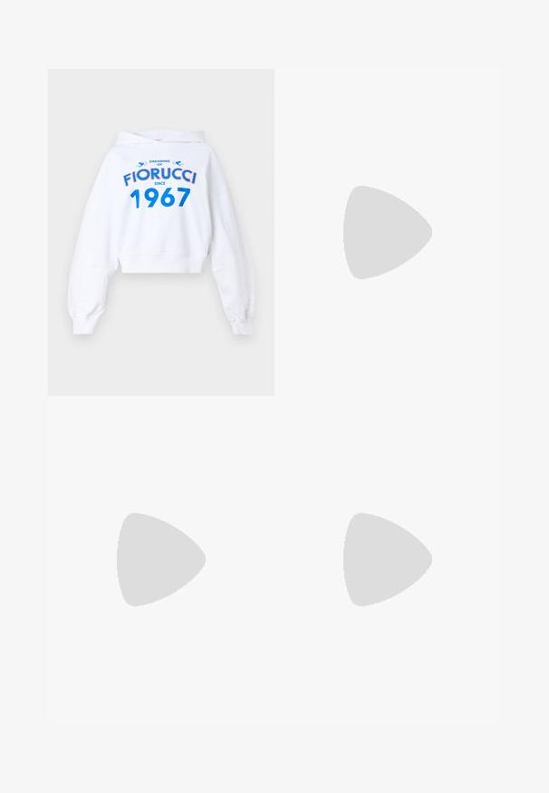 White cropped hoodie with long sleeves, featuring blue and red text design: "DREAMING OF FIORUCCI SINCE 1967" and two blue accents.; Light blue denim jeans with a loose, straight-leg design. Features whiskering, fading, and distressed details near knees. Classic five-pocket style.; Brown leather ankle boot with a square toe, textured finish, and a low stacked heel. Features a rear pull tab and subtle stitching details.; Brown crocodile-embossed leather bag with a cylindrical shape, gold-tone hardware, and a detachable strap featuring studs.