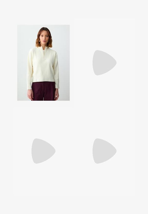 Pull en maille côtelée couleur crème avec un zip quart à l'avant, des manches longues et une coupe décontractée. Stylé avec un pantalon bordeaux profond.; Pantalon culotte noir en polyester avec une taille élastique, deux plis avant et une silhouette ample. Pas de motifs visibles ni de détails matériels.; Sandales à talons vernies noires avec un bout carré, des sangles autour de la cheville et des boucles en argent. Dotées d'un talon bloc épais pour plus de stabilité.; Sac à main en cuir noir avec une forme courbée, bandoulière amovible et des accessoires en or. Le sac est doté d'un rabat avec un détail de boucle.