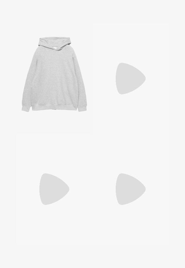 Svetlo siva kapuča s softim teksturo, raglan rokavi in ribani manšeti in rob. Enostavna zasnova, brez vidnih grafičnih elementov ali vzorcev.; Béžna bombažne hlače z teksturirano površino, zaskočene z metalnim gumbom, zankami za pas in sprednjimi žepi. Šivi poudarjajo oblikovalske podrobnosti.; Bež semiš športni čevlji s svetlo rjavimi poudarki. Ima tri rjave črte, teksturiran gumijast podplat in zaobljen dizajn prstov.; Očala iz morskega želvovca z zaobljeno obliko in svetlimi lečami. Imajo trde ročke z majhnimi zlatimi detajli, narejena so iz plastičnega materiala.; Rjava nubuk torbica za ramo z zaobljeno obliko, z zlatim dodatkom za zapiranje in kontrastnim črnim robom. Ima enojni naramni trak za nošenje.