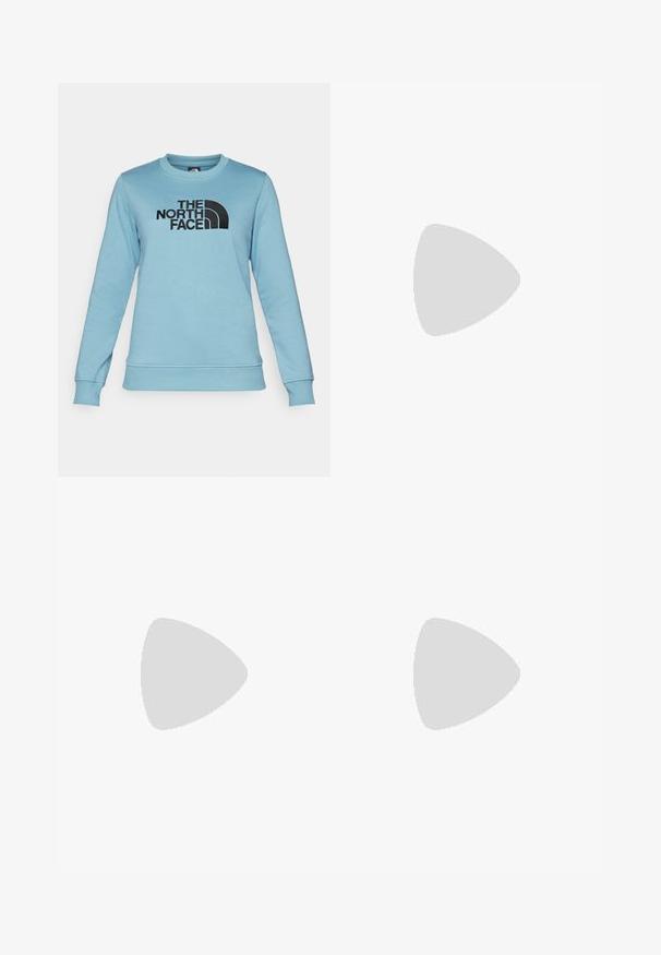The North Face DREW PEAK CREW - Felpa - algae blue; Leggings sportivi blu realizzati in un morbido e elastico tessuto. Presentano un'alta vita e un piccolo logo bianco sulla coscia sinistra.; Scarpa atletica beige e crema con tomaia in mesh testurizzato, sovrapposizioni supportive e suola in gomma con un motivo a tasselli per la trazione.; The North Face SUNRISER RUN BELT UNISEX - Marsupio - black/white