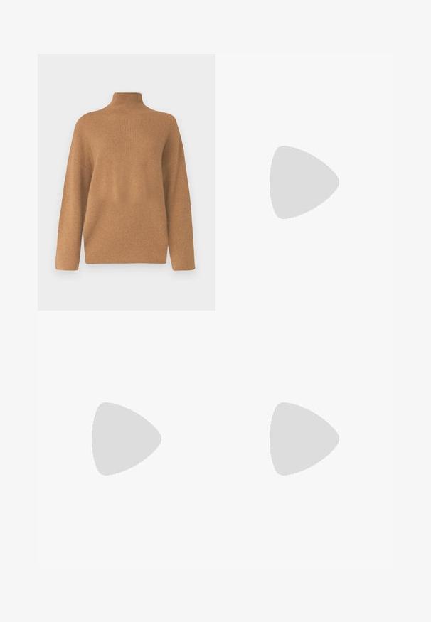 KNITID OVERSIZED ROLL NECK - Džemperis - chestnut; Balta megzta midi sijoninė su tekstūruotu raštu, vertikaliomis linijomis ir išpjovomis arti apatinės dalies. Elastinga juostos dalis. Minkšta medžiaga.; Juodai odiniai baletai su apvaliu pirštu, lygi texture, minimalus siuvimo detales ir lanksčiu padų dizainu.; Ruda odinė rankinė su uždaromu dangteliu, aukso spalvos detalėmis, petneša ir lygiu paviršiumi. Kompaktiška stačiakampio formos.