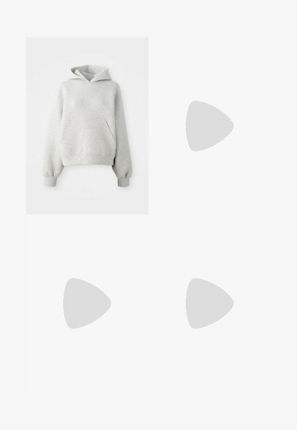 Light grey hoodie with a front kangaroo pocket, drawstring hood, and ribbed cuffs. Soft, textured fabric, oversized fit.; Dark blue denim shorts with a straight cut, featuring a classic five-pocket design and contrasting gold stitching.; Black and silver athletic shoe with a textured upper, distinct grooves, and red cushioning elements on the heel for support. Low-top design.; Red synthetic leather shoulder bag with a fold-over flap, silver snap accents on the strap, and a printed "Desigual" logo.