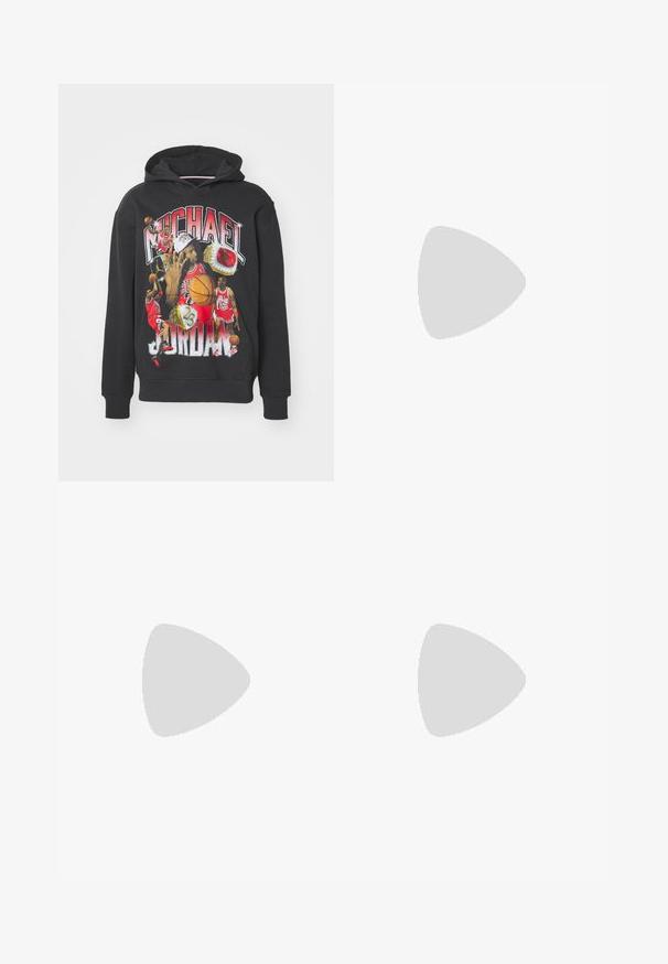 Sweatshirt à capuche noir avec impression graphique d'un joueur de basket-ball. Présente un texte en gras "Michael Jordan" et une imagerie sportive vibrante en rouge et jaune.; Trois t-shirts en coton blanc uni à manches courtes. Chaque t-shirt présente un col rond et une petite étiquette de logo noire sur le côté gauche.; Jean en denim bleu clair avec une coupe droite, présentant une taille mi-haute, cinq poches, et une fermeture à bouton et à fermeture éclair.; Chaussure de sport grise avec une tige en mesh et en daim, accents blancs, semelle rembourrée et un design distinctif avec des éléments réfléchissants.