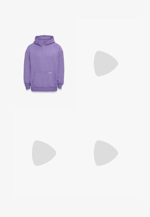 Dropsize Hættetrøje - washedpurple; Beige bukser med lige snit, der har en enkelt sort knap, bæltestropper og sidelommer. Glat stoftekstur og minimalistisk design.; Hvide atletik-sko lavet af mesh og syntetisk materiale, med en rund tå, polstret sål og beige accenter på siderne.; Ovale solbriller med lyseblå gradientlinser, guldfarvet metalramme og arme i brun acetat. Har små detaljer på siden af rammen.