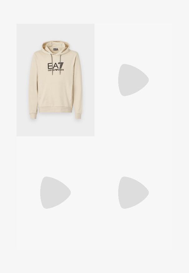 Bež hoodie iz mehkega materiala, z sprednjim žepom, nastavljivim kapuco in drzno črno logo na prsih.; Bež hlače s ravnim krojem, z elastičnim pasom, plisejem na sprednji strani in gladko teksturo. Preprost, vsestranski dizajn.; Beli usnjeni športni čeveljčki z sivo alkantaro, z vezalkami, z ježkom in teksturiranim gumijastim podplatom s cik-cak vzorcem.; Črne aviatorske sončna očala s temnimi lečami, tankim kovinskim okvirjem in vitkimi plastičnimi ročaji z logotipnimi detajli.