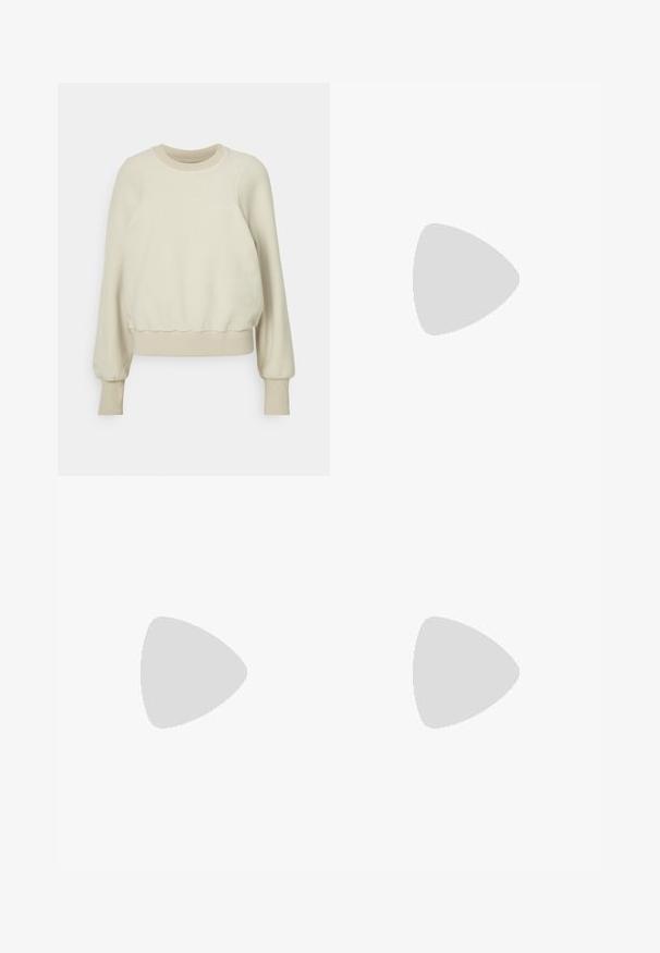 Lys beige hettegenser laget av myk stoff, med lange ermer, rund hals, samlet hem og ribbestrikkede mansjetter. Minimalistisk design.; Lys grønn, kortermet treningstrøye med et strukturert mesh-stoff og rund hals; har en liten blå New Balance-logo.; Lyseblå leggings med en høy, glatt midje, laget av elastisk materiale, med en stilren, rett ben-design uten mønstre.; Hvite sportsko med mesh-overdel, utstyrt med polstret krage, teksturert såle og "Fresh Foam"-merket på mellomsålen.