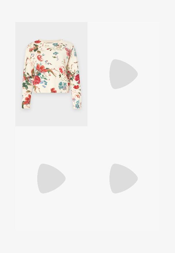 Pull en tricot floral avec un col rond, base crème, grands motifs de fleurs rouges et bleues, manches longues et bords côtelés.; Jupe midi en tricot blanche présentant un motif texturé avec des lignes verticales et des découpes près de l'ourlet. Taille élastique. Matériau doux.; Ballerines en cuir noir avec un bout rond, texture lisse, détails de couture minimalistes et design de semelle flexible.; Sac à main en cuir marron avec une fermeture à rabat, des accents en métal doré, une bandoulière et une texture lisse. Forme rectangulaire compacte.