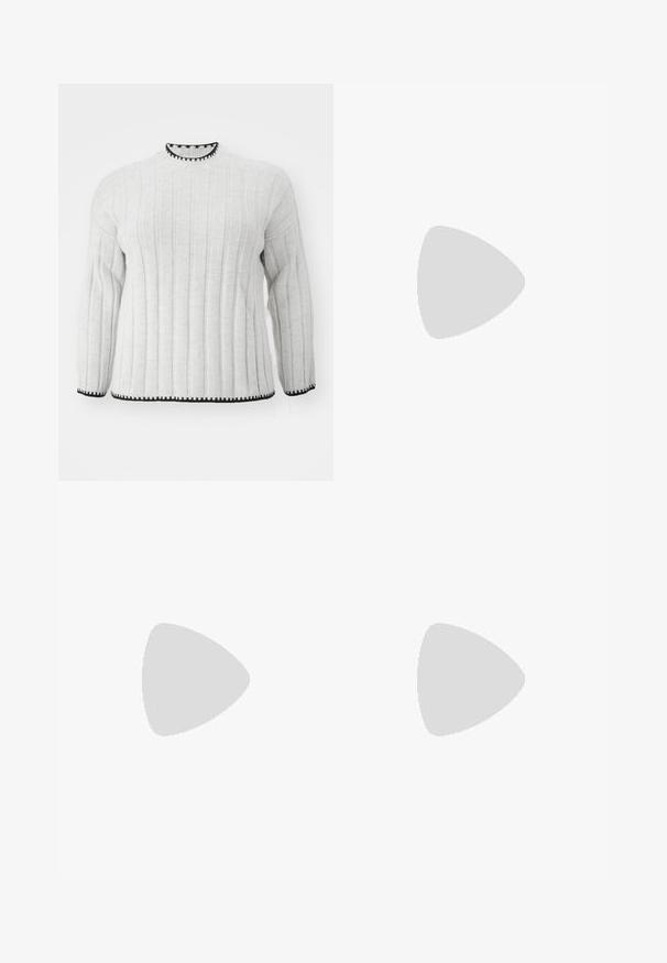 Gai pelēks ribots džemperis ar garām piedurknēm, kam ir melna apdare augstajā kaklā un apakšmalā. Maiga tekstūra un ikdienišķs dizains.; Vero Moda Curve VMCAUGUSTA PANT - Auduma bikses - black; Melnas ādas potītes zābakus ar teksturētu virsmu, apaļu purngala formu, lace-up dizainu, dzelteniem našiem un biezu, rievotu melnu platformas zoli.; Sudraba krāsas metāla riņķveida auskari, ovāla formas, plāna dizaina, viegli, ar gludu tekstūru un drošu aizdari ērtai valkāšanai.