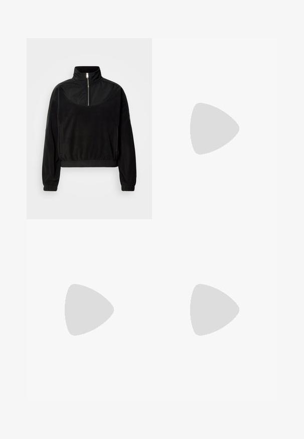 Pullover preto de meio zíper com gola alta, mangas longas, punhos elásticos e bolsos laterais, exibido contra um fundo branco simples.; Calças de ganga de perna larga em denim preto com fecho éclair à frente, design de cinco bolsos e detalhes de costura subtil. Textura suave e estilo casual.; Bota de tornozelo preta e brilhante com sola grossa e arredondada, vista lateral sobre fundo cinza claro.; Even&Odd SET - Mala de mão - black