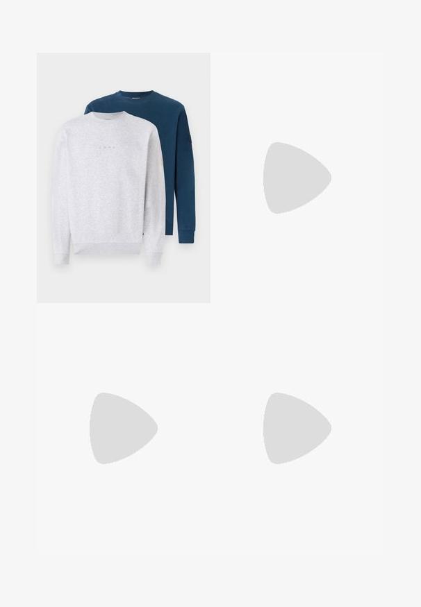 Two sweatshirts stacked: one in light gray with a subtle logo, the other in dark blue. Both feature crew necks and ribbed cuffs.; Straight-leg blue denim jeans with a faded wash, featuring five-pocket design, metal button, and belt loops. Structured, medium-weight fabric.; White sneaker with black and gray accents, featuring a textured gray toe cap, black rubber sole, and flat white laces. Clean design, minimalist style.; Gray suede fanny pack with a rounded shape, two zippered compartments, and adjustable strap. Features metal hardware accents.