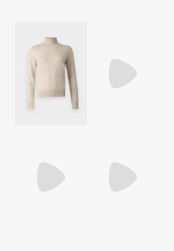 pure cashmere SIMPLE HIGH NECK SWEATER - Džemperis - oatmeal; Platus kojų kelnes iš šviesiai smėlio spalvos audinio, su klostėmis, aukštu liemeniu ir lygia tekstūra, be matomų dekoro elementų.; Alyvuogių žalios suknelės baletai, su glotnia, suapvalinta nosimi ir žemu profiliu. Sklandus tekstūra, be matomų detalių ar akcentų.; Juoda odinė rankinė su struktūrizuotu dizainu, turi trumpą formą, viršutinę rankeną ir auksinius akcentus. Pridėtas reguliuojamas peties diržas.