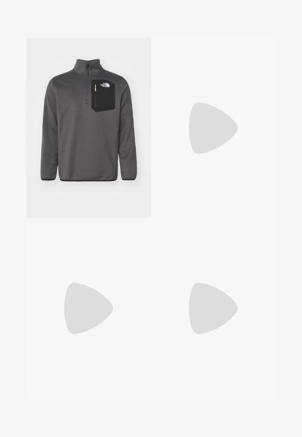 The North Face CREST ¼ ZIP - Sweater - anthracite grey/black; Zwarte T-shirt met korte mouwen van katoen, voorzien van een ronde halslijn en een klein wit logo op de bovenste linkerkant van de borst.; Grijze outdoorbroeken gemaakt van een duurzame stof, met een knoopsluiting, riemlussen en een logo dichtbij het onderbeen.; Zwarte sportieve sneaker met een bovenkant van mesh, rubberen zool en een zachte kraag. Voorzien van veters, een logo op de zijkant en een gestructureerd ontwerp.