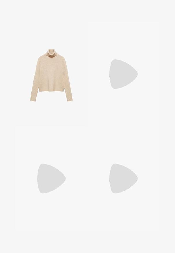 Beiger Rollkragenpullover aus weichem Strickmaterial. Verfügt über einen gerippten Halsausschnitt, lange Ärmel und einen verkürzten Saum für eine entspannte Passform.; Dunkelblaue Jeans mit hoher Taille, vorderen Taschen und weit ausgeschnittenen Beinen, flach auf einem weißen Hintergrund ausgestellt.; Schwarze Lackleder-Slingback-High Heels mit spitzem Schuh und einem geometrischen Blockabsatz. Verfügt über ein schlankes, minimalistisches Design und eine glatte Textur.; Schwarze Leder-Hobo-Tasche mit einer glatten Textur, geschwungener Form und einem einzelnen verstellbaren Tragegurt; verfügt über eine weite Öffnung am oberen Ende.