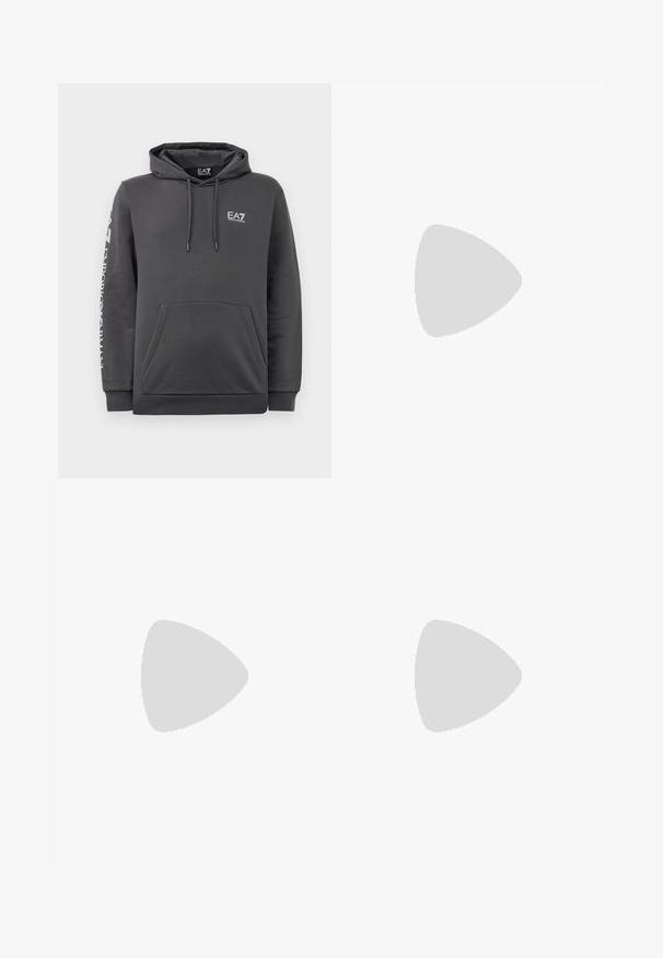 Dark grey hooded sweatshirt with front pocket, drawstrings, and white "EA7 Emporio Armani" logos on chest and left sleeve.; Black cotton t-shirt featuring a white EA7 logo and 'Emporio Armani' text. Three white stripes on the shoulders enhance the design.; Black sweatpants with a drawstring waist, tapered legs, ribbed cuffs, and graphic logo detail on the front and striped accents on the sides.; White sneaker with a smooth leather upper and a low profile. Features a rounded toe, six eyelets, and a textured rubber sole.
