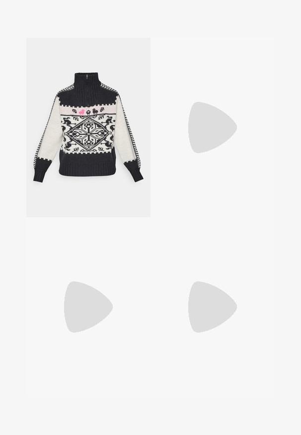 Pulover tricotat cu guler înalt, având un model geometric alb-negru, motive animale roz și manșete cu margine elastică.; Pantaloni mid-rise cu picioare largi, într-un model floral texturat alb-negru pe un fundal gri, având un tiv clasic și buzunare frontale.; Pantofi sport albi cu un design din plasă, suprafețe texturate și tălpi suportive. Șireturi și detalii subtile de branding pe lateral.; Even&Odd Geantă de pânză - black