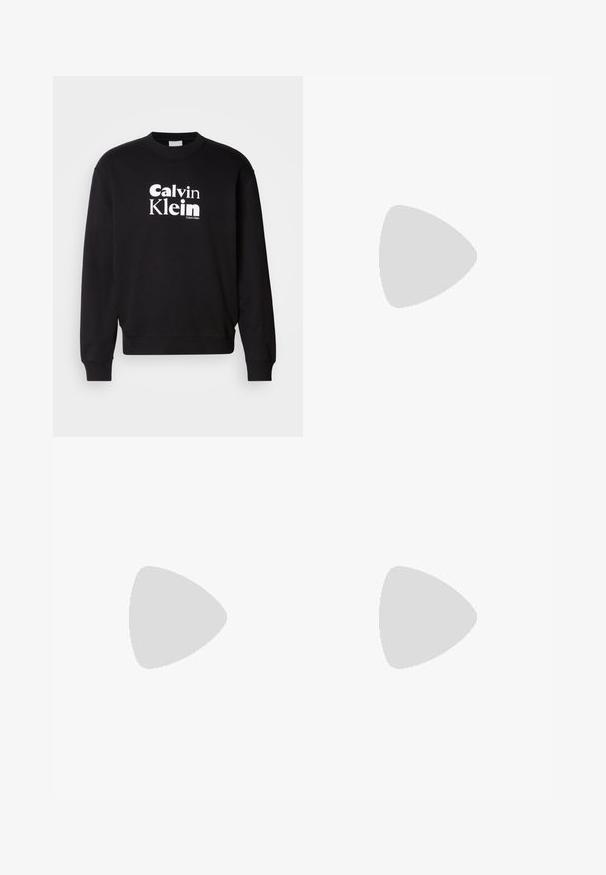 Black sweatshirt made of cotton with a ribbed crew neck and cuffs. Features a white printed logo reading "Calvin Klein." Smooth texture.; White cotton crewneck T-shirt with short sleeves, featuring a subtle embossed "Joop!" logo on the chest and a straight hem.; Black denim jeans with a straight-leg design, featuring a button closure, five pockets, and minimal stitching for a clean look.; White leather sneaker with beige suede accents, featuring a round toe, lace-up front, and tan rubber sole, displaying the brand name "BOSS."; Black duffel bag made of textured synthetic material. Features two handles and an adjustable shoulder strap. Simple design with no visible patterns.