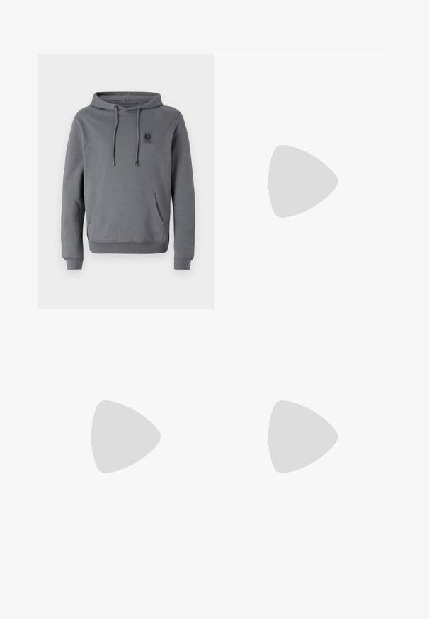 Sweatshirt cinza feito de tecido macio, com um bolso frontal, capuz com cordão ajustável e um pequeno logo no peito.; Camisa de algodão branca de mangas longas com decote redondo, fendas laterais na parte inferior e uma textura suave, mostrada de trás.; Calças de ganga azul claro com um design de perna reta, cinco bolsos, fecho de botão, desgaste mínimo e detalhes de costura em contraste.; Sapatilha branca com um cabedal em couro liso e de perfil baixo. Apresenta um bico redondo, seis ilhoses e uma sola de borracha texturizada.