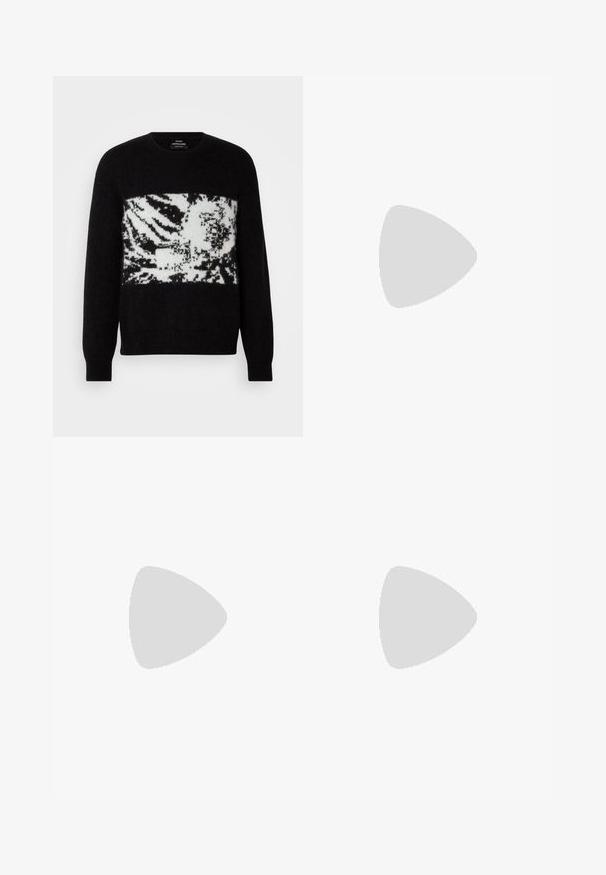 Black sweater with a white, abstract zebra pattern across the chest. Made of soft material with ribbed cuffs and rounded neckline.; Black denim jeans with a straight-leg design, featuring a button closure, five pockets, and minimal stitching for a clean look.; Black leather lace-up shoe with a rounded toe, smooth texture, minimal stitching, and a low rubber heel. Logo on the heel.; Black duffel bag made of textured synthetic material. Features two handles and an adjustable shoulder strap. Simple design with no visible patterns.