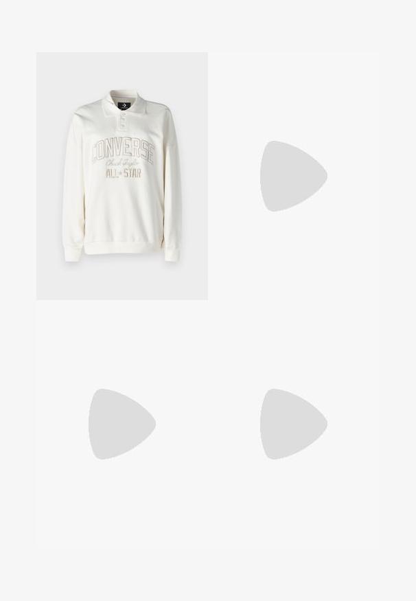 Sudadera de algodón blanca con cuello tipo polo, tres botones y texto bordado "CONVERSE Chuck Taylor ALL*STAR" en beige claro.; Falda envolvente beige hecha de tejido ligero, con un hebilla lateral, dos bolsillos cargo y un dobladillo limpio.; Zapatilla de color gris claro hecha de ante y malla, con tres franjas blancas, punta redonda y suela de goma. Acento en logo dorado cerca de los cordones.; Aretes de aro de oro con un acabado suave y brillante. Diseño circular que presenta un pequeño post y un respaldo transparente para un uso seguro.