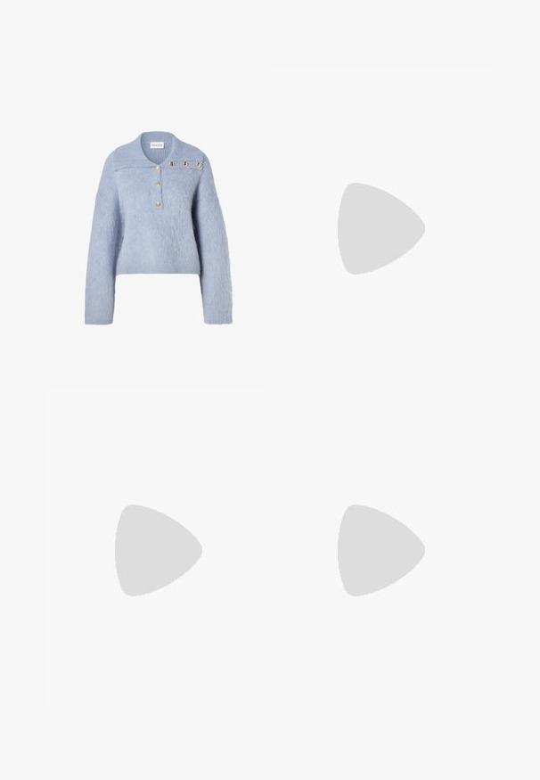 Light blue fuzzy knit sweater with a polo collar, featuring four gold-tone buttons at the placket and a boxy silhouette.; Wide-leg jeans in off-white denim. High-waisted design with a button closure, two front pockets, and contrast stitching details.; Tan suede ankle boots with a soft texture, stitched detailing, and a rubber sole, featuring a looped heel for easy wear.; Brown leather shoulder bag with curved shape, gold hardware, top clasp detail, and a logo accent. Smooth texture with stitched edges.