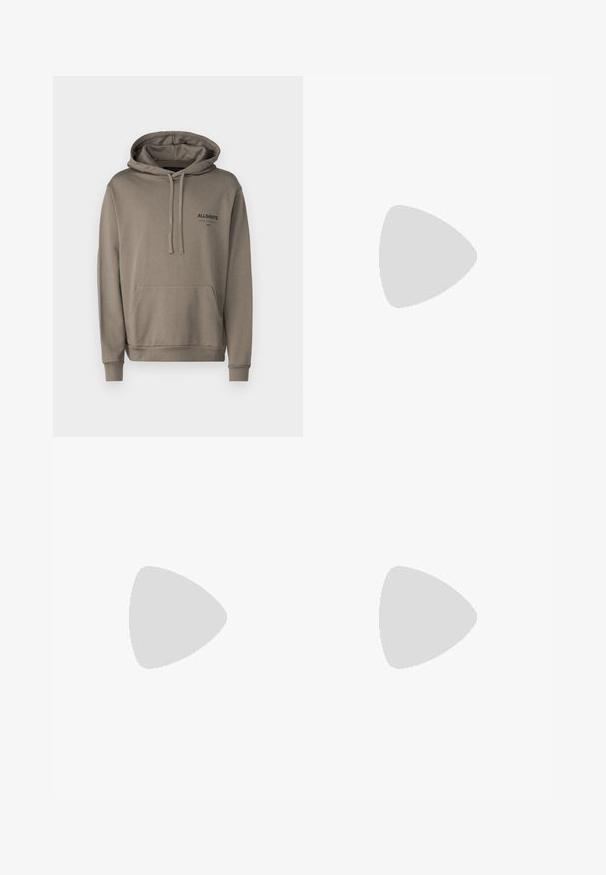 AllSaints UNDERGROUND HOODY - Felpa con cappuccio - pewter green; Pantaloni cargo neri realizzati in tessuto resistente, con tasche laterali, chiusura a bottone e design slim fit. Texture liscia con dettagli minimi.; Sneaker nera con tomaia sintetica liscia, punta rotonda, lacci piatti e suola in gomma rigata. Design minimalista, con dettagli cuciti.; Occhiali da sole rettangolari verdi con lenti scure e solide, montatura spessa e trasparente, e una leggera finitura lucida. Dettagli sui templi.