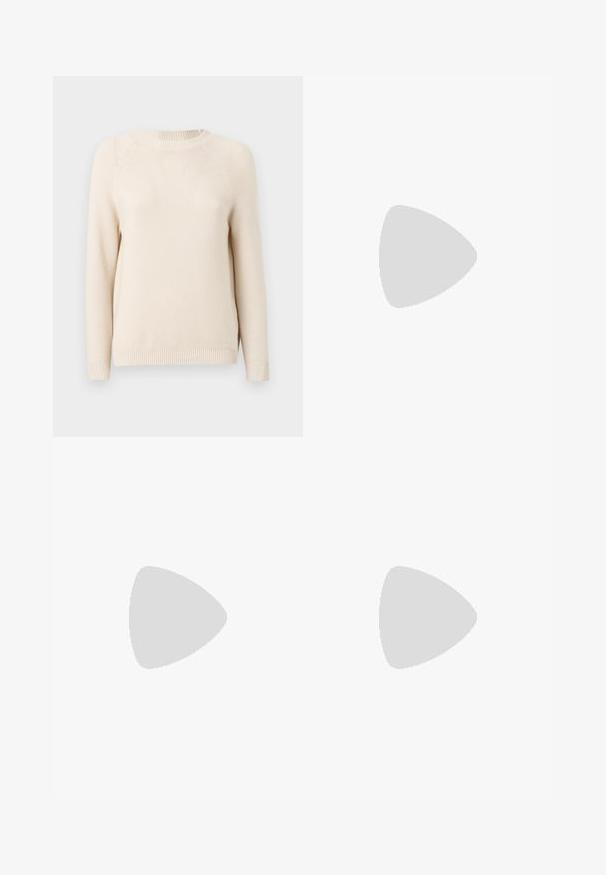 Pull en tricot beige clair avec un col rond, des poignets et un ourlet côtelés. La texture présente un motif subtil pour un détail supplémentaire.; Jupe midi en tricot blanche présentant un motif texturé avec des lignes verticales et des découpes près de l'ourlet. Taille élastique. Matériau doux.; Ballerines en cuir noir avec un bout rond, texture lisse, détails de couture minimalistes et design de semelle flexible.; Sac à main en cuir marron avec une fermeture à rabat, des accents en métal doré, une bandoulière et une texture lisse. Forme rectangulaire compacte.