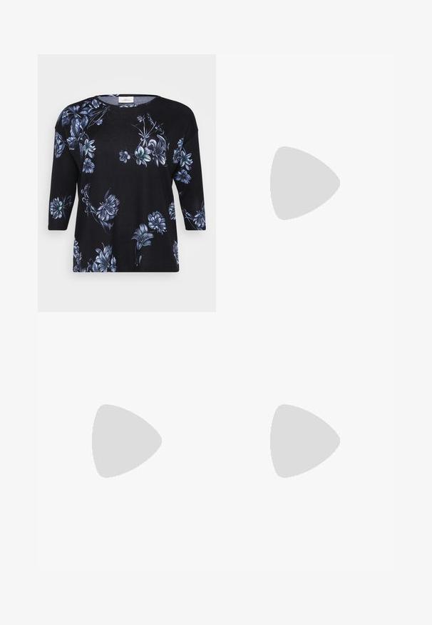 Camiseta preta de manga três quartos com um design floral em tons de azul. Feita de um tecido suave e com decote redondo.; Jeans de perna larga azul claro com cintura alta, feitos de denim, apresentando um degradê desbotado, cinco bolsos e detalhes em metal.; Bota de tornozelo preta feita de material brilhante e texturizado. Apresenta um salto robusto e uma alça na parte de trás para facilitar o calçar.; Cachecol azul tecido com extremidades franjas, textura suave, forma retangular e cor uniforme em todo o comprimento. Adequado para clima frio.