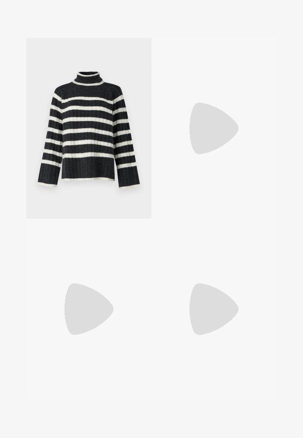 Black and white striped turtleneck sweater with a loose fit, ribbed texture, and long sleeves. Features a high collar and horizontal stripes.; Black wide-leg trousers with high waist, button details on waistband, and front pleats.; Black patent leather ankle boot with a pointed toe and a mid-height block heel. Smooth texture and minimalist design.; Black leather tote bag with two long handles, a smooth texture, and a structured shape. Features a front pocket for additional storage.