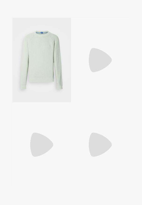 HUGO SONDYE - Jumper - light pastel green; White cotton T-shirt with a crew neck, short sleeves, and a subtle embossed logo on the chest. Interior tag has an orange accent.; Blue denim jeans with a high waist, straight-leg design, and subtle fading. Features classic five-pocket styling and a zip fly closure.; White athletic shoes made of mesh and suede, featuring a textured midsole, textured accents, and "HUGO" logo on the side.