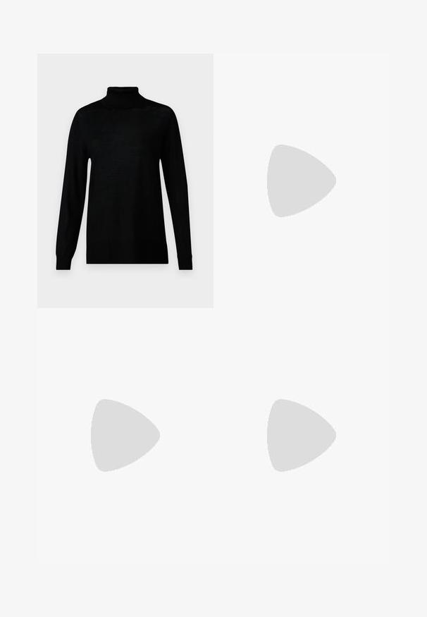 Pull à col montant noir en tissu tricot doux, avec des manches longues et une silhouette ajustée. Aucune motif ou accessoire visible.; Pantalon noir ajusté avec une coupe droite, présentant une texture lisse et des plis nets sur le devant. Aucune quincaillerie visible.; Talons hauts en cuir noir avec un bout pointu, dotés d'un talon fin et d'un accent en ton or sur la lanière réglable. Texture lisse.; Sac à main en cuir noir avec un design structuré, featuring une forme cropped, une poignée supérieure et des accents en matériel doré. Bandoulière réglable incluse.