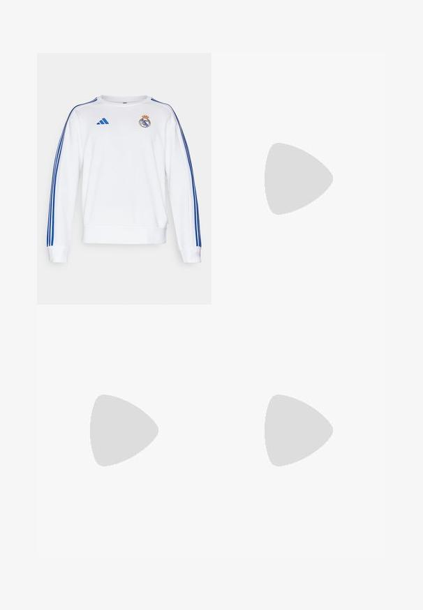 Felpa bianca con strisce blu Adidas sulle maniche e logo del Real Madrid sul petto. Presenta polsini e orlo a costine.; Maglietta atletica bianca a maniche lunghe realizzata in materiale morbido con logo Adidas nero sul petto; design a V e forma aderente.; Pantaloni sportivi neri con una vestibilità rilassata, con strisce bianche sui lati, vita con cordoncino e due tasche laterali. Realizzati in tessuto morbido.; Scarpe sportive bianche con tomaia in mesh texturato, suola ammortizzata e supportiva, e design a tre strisce sul lato.