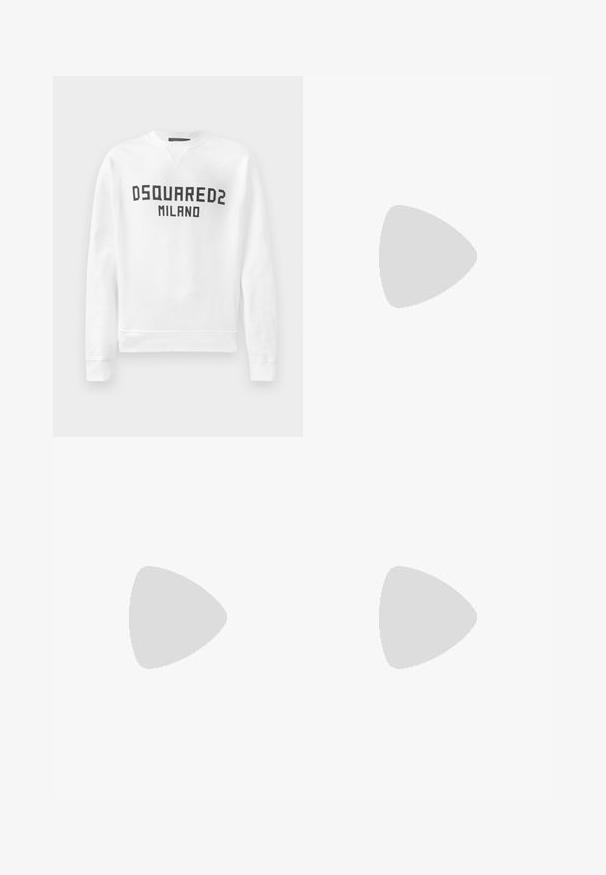 Biely sveter vyrobený z jemného materiálu s okrúhlym výstrihom, dlhými rukávmi a čiernym logom "DSQUARED2 MILANO" na prednej strane.; Tmavomodré denimové džínsy s rovnym strihom, ktoré sa vyznačujú svetlým vyblednutím, žltým prešívaním, prednými vreckami a zapínaním na gombík.; Biele tenisky s semišovými akcentmi, zaoblenou špičkou, plochými šnúrkami a krémovou gumovou podrážkou. Na päte sú zelené značky.; Čierne okrúhle slnečné okuliare s tmavými sklami a tenkými kovovými ramenami. Obsahujú priehľadné konce rámov a strieborné akcenty na pántoch. Minimalistický dizajn.