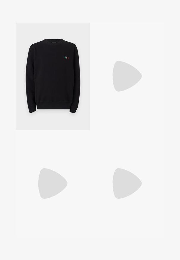 Black crewneck sweatshirt made of cotton blend fabric, featuring a small multi-colored embroidered detail on the left chest and ribbed cuffs.; Filippa K TERRY CROPPED TROUSERS - Trousers - sage melange; White leather sneaker with a smooth finish, round toe, flat laces, and a textured sole. Features a subtle logo on the heel.; Black round sunglasses with dark lenses and slim metal arms. Includes clear temple tips and silver accents at the hinge. Minimalist design.