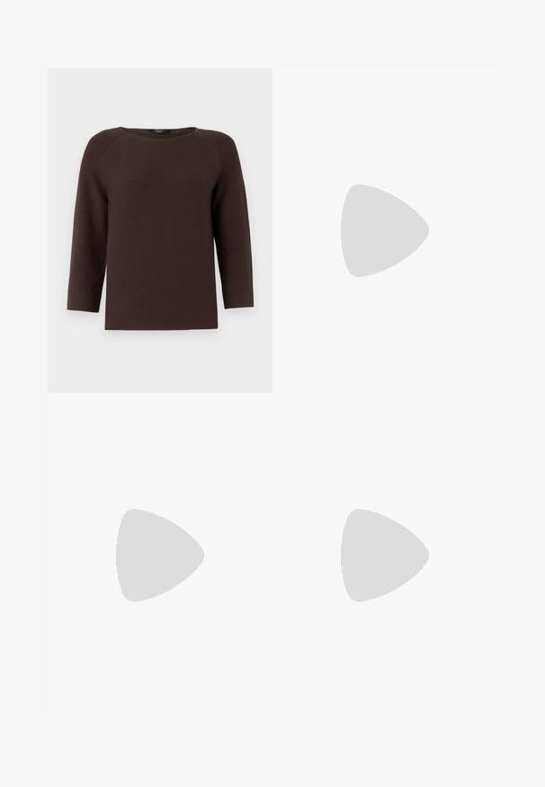 Pull en tricot marron avec un col rond et des manches raglan à trois quarts. Présente un motif texturé et une coupe droite.; Jupe plissée à rayures verticales dans des nuances de marron foncé, rose clair et crème, avec une taille ajustée et un tissu doux et texturé.; Chaussure en cuir noir à talon ouvert avec un bout pointu, présentant un accent tressé et un design supérieur plissé. Semelle plate avec un matériel minimal.; Sac à main en cuir marron avec une fermeture à rabat, des accents en métal doré, une bandoulière et une texture lisse. Forme rectangulaire compacte.