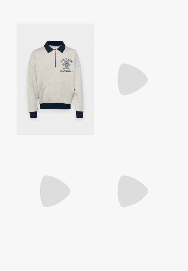 Ανοιχτό γκρι φούτερ με ναυτικό μπλε γιακά και μανσέτες, διαθέτει μισό φερμουάρ και μπροστινή τσέπη. Εμφανίζει το λογότυπο "ICECREAM SKATEBOARDS".; Κοντομάνικο, μπεζ πουκάμισο με κουμπιά. Φτιαγμένο από λινό με υφή. Διαθέτει μικρό ναυτικό λογότυπο στο αριστερό στήθος. Κλασικός σχεδιασμός γιακά.; Μπεζ λινές παντελόνες με ίσια γραμμή, που διαθέτουν δύο μπροστινές πιέτες, κλείσιμο με κουμπί και πλάγιες τσέπες. Υφασμάτινη επιφάνεια με απαλή υφή.; Σουέτ αθλητικά παπούτσια σε τόνερ με λευκή καουτσούκ σόλα. Χαρακτηριστικά περιλαμβάνουν κορδόνια μπροστά και λογότυπο που είναι αποτυπωμένο στο πλάι και στη φτέρνα.