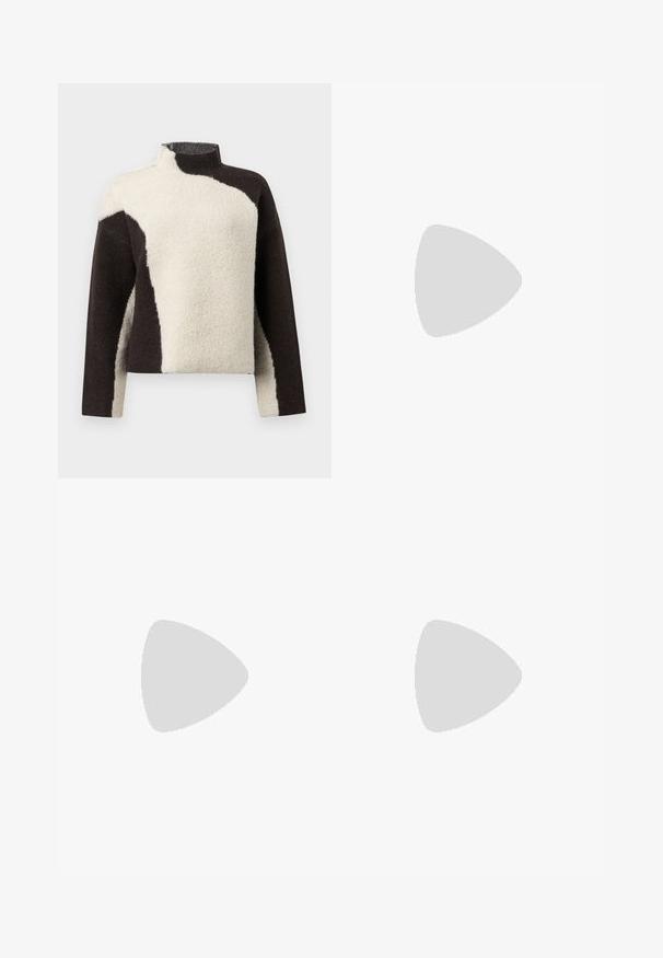 Fleece-Pullover mit hohem Kragen, ausgestattet mit einem Farbblock-Design in Dunkelbraun und Creme, das eine weiche, strukturierte Oberfläche zeigt.; Dunkelgrauer, plissierter Rock mit elastischem Bund, aus einem strukturierten Stoff und in klassischer A-Linie. Geeignet für die Freizeit.; Schwarze Lackleder-Mary-Jane-Schuhe mit spitzem Zeh, verstellbarem Riemen und Blockabsatz, die über eine glänzende Oberfläche und ein minimalistisches Design verfügen.; Schwarze Handtasche aus Kunstleder mit Krokodilstruktur, gerafftem oberen Teil und einem geschoppten Tragegurt. Sie wirkt weich und kompakt im Design.