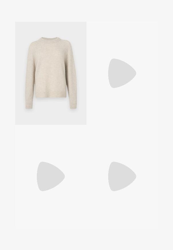 Suéter de malha bege com gola redonda, mangas raglan e bainha canelada. Textura suave com um caimento ligeiramente solto e padrão minimalista.; Saia midi branca de malha com um padrão texturizado com linhas verticais e detalhes recortados perto da bainha. Cintura elástica. Material suave.; Bailarina preta em pele com bico arredondado, textura suave, detalhe de costura minimalista e design de sola flexível.; Bolsa de couro castanho com fecho de aba, decoração em tom dourado, alça de ombro e textura suave. Formato retangular compacto.