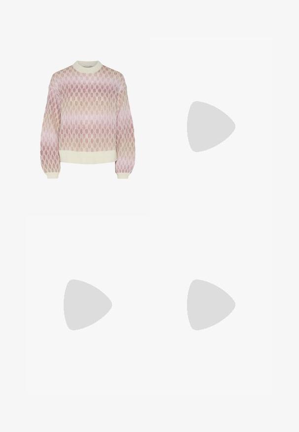 Pull en tricot avec un col rond, présentant un motif dégradé dans des tons de rose doux et beige, avec des poignets et un ourlet côtelés.; Pantalons en velours côtelé beige à coupe ample, dotés d'une taille à cordon, de deux poches avant et d'une texture côtelée verticale.; Basket en cuir suédé et mesh gris clair, avec trois bandes blanches, bout rond et semelle en caoutchouc naturel. Accent logo doré près des lacets.; Débardeur vert avec des détails en dentelle à l'épaule et au col, présentant une coupe ajustée et un tissu doux. Assorti à un pantalon de couleur claire.