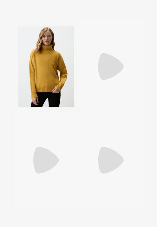 Jimmy Key TURTLENECK  - Pullover - yellow; Pantalons larges marron en coton, dotés de deux poches avant avec des boutons argentés, et une texture lisse.; Sandale en cuir marron avec des brides entrecroisées, une fermeture à boucle à la cheville et une semelle plate avec des détails de couture minimaux.; Sac à main en toile marron doux de style hobo avec une large sangle unique et une ouverture en haut arrondie, présenté sur un fond blanc.