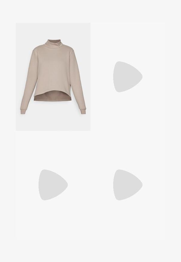 Yogasearcher BOTHI - Sweatshirt - cacao; Schwarzes Langarm-T-Shirt aus Baumwolle mit Rundhalsausschnitt. Mit weißem Nike-Logo auf der Brust. Weiche Textur, simples Design.; Schwarze, weit geschnittene Sporthosen mit elastischem Bund. Hergestellt aus glattem, dehnbarem Stoff, mit subtilen Vordernähten und ohne Taschen.; Weiße Sportschuhe aus Mesh und synthetischen Überzügen mit einem silbernen Nike-Swoosh, kombiniert mit gerippten weißen Socken auf einer blauen Fläche.