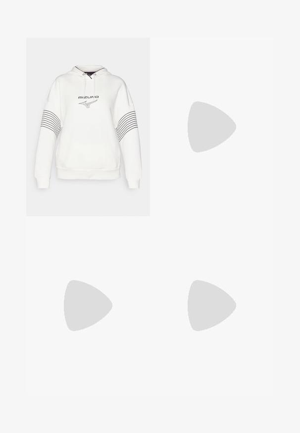Mizuno ATHLETICS HOODY - Majica s kapuljačom - pristine; Crne široke hlače s glatkom teksturom, krojenim pojasom i prednjim džepovima, dizajnirane s elegantnim, modernim siluetom.; Crne lakirane kožne sandale s tri trake, kopčom na zapešću i potpeticom od 10 cm. Sadrže zlatne detalje i privjesak s logotipom.; Zlatne okrugle naušnice s poliranim završetkom, s debelim, kružnim dizajnom i sigurnim mehanizmom zatvaranja. Glatka tekstura i sjajan izgled.