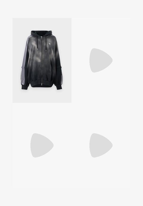 Black hoodie with a gradient effect, made from soft material. Features zipper closure, large front pockets, and white side stripes.; Black short-sleeve t-shirt made of soft fabric, featuring a textured pattern and embellished with rhinestones spelling "+TEAMGEIST."; Wide-leg pants in shiny gray material, featuring white side stripes and a flame pattern on the lower legs. Button and zipper closure at the waist.; Red suede sneakers feature white leather stripes, thick laces, and a rubber sole. The outfit includes beige elastic-cuffed pants.