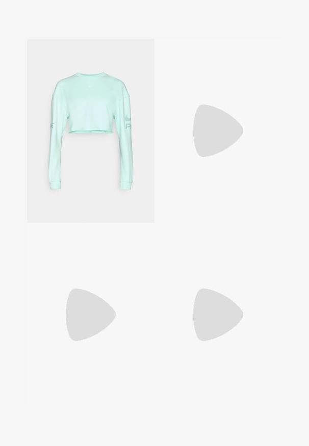 Mintgrön kortärmad sweatshirt med lång ärm, med rund halsringning och liten vit Nike-logga på bröstet och ärmen.; Vit kortärmad t-shirt med rund halsringning, avslappnad passform och en något rundad nederkant. Tillverkad av mjukt, slätt tyg med minimala sömmar.; Svarta sportshorts med elastisk midja, mjukt material och lös passform, med sidofickor och släta kanter.; Lätta löparskor med ett överdrag av crème- och lavendelfärgad mesh, förstärkt gummisula och distinkta spår för grepp.