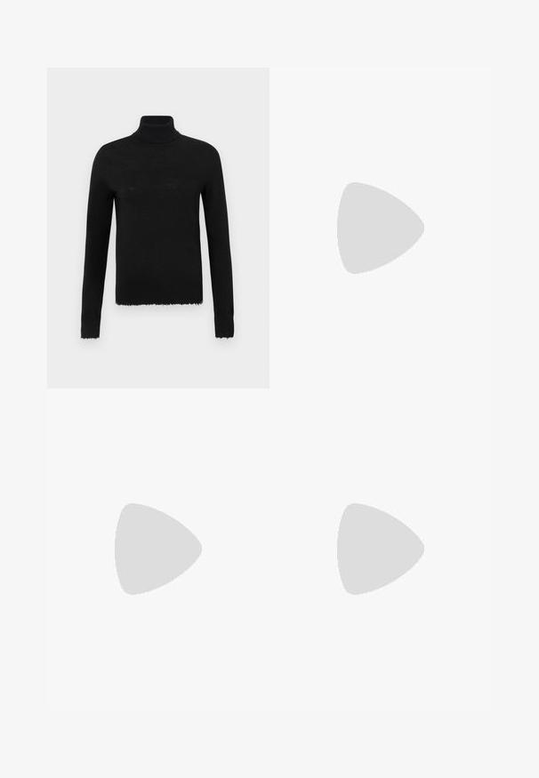 Melna turtlenecks džemperis ar garām piedurknēm, nepabeigtas, saplēstas malas ap kaklu un apakšmalu, izgatavots no mīksta, viegla auduma.; Melnas mākslīgās ādas bikses ar platu kāju griezumu, kurām ir baltas šuves, priekšējās kabatas un zelta pogas jostasvietā.; Melna ādas baleta kurpe ar noapaļotu purngalu, gludu tekstūru, minimālu šuvju detalizāciju un elastīgu zoles dizainu.; Bordo ādas rokas soma ar atloku, zeltītām detaļām, plecu siksnu un gludu virsmu. Kompakta, taisnstūrveida forma.