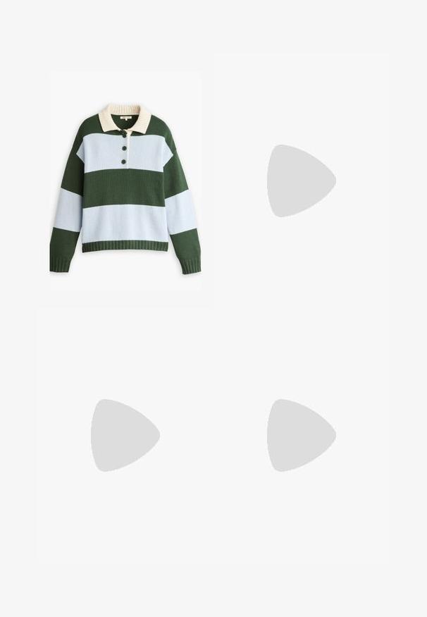 Sweter z długim rękawem, dzianinowy, w poziome paski ciemnozielone i jasnoniebieskie, z kremowym prążkowanym kołnierzykiem oraz trzema ciemnozielonymi guzikami z przodu.; Spodnie szerokie w panterkę wykonane z miękkiego materiału, z wysokim stanem, pięcioma kieszeniami i metalowym zapięciem.; Zielone zamszowe sneakersy z jas zelenymi akcentami i trzema białymi paskami. Posiadają gumową podeszwę i teksturowaną cholewkę. Casualowy, niskoprofilowy design.; Biała skórzana torebka z zapięciem w złotym odcieniu, czarnymi akcentami, odczepianym paskiem na ramię oraz usztywnioną konstrukcją z klapką.