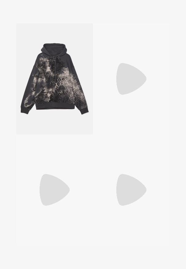 Black hoodie featuring a graphic print with abstract patterns and textures in light shades. Designed with a drawstring hood and loose fit.; EA7 Emporio Armani Tracksuit bottoms - black; White sneaker with suede accents, rounded toe, flat laces, and a cream rubber sole. Features green branding on the heel.; Black textile fanny pack with a curved shape, featuring a zippered main compartment and a front pocket, embossed brand label on the front.