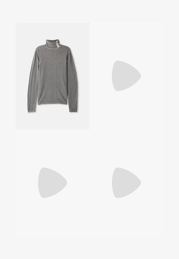 Gray striped turtleneck sweater with long sleeves. Fabric has a soft texture. Features a high collar and visible stitching accents.; Black tailored trousers with a straight-leg design, made of smooth fabric, featuring a front button closure and two side pockets.; Black leather sneaker with a low profile, rounded toe, and lace-up closure; features a textured rubber sole and logo detail on the heel.; Black round sunglasses with dark lenses and slim metal arms. Includes clear temple tips and silver accents at the hinge. Minimalist design.