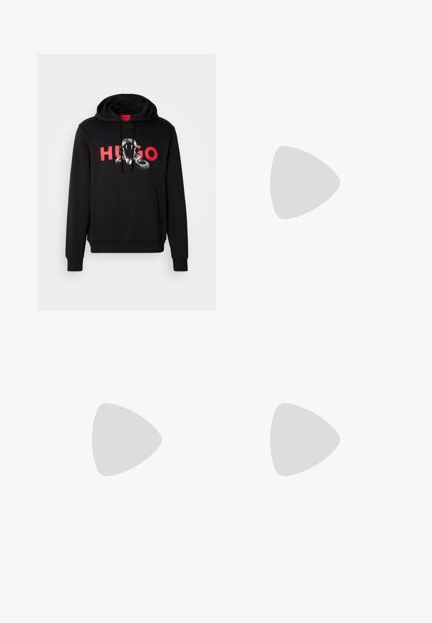 Felpa nera con cappuccio e tasca frontale, con una grafica di un serpente e la parola "HUGO" in rosso. Realizzata in tessuto morbido con polsini a costine.; T-shirt bianca a maniche corte con il testo "HUGO" in stile fiamma blu e verde sul petto, scollatura rotonda e etichetta interna blu.; Pantaloni cargo neri in cotone con vestibilità comoda, dotati di tasche laterali, chiusura a bottone e gambe dritti. Design semplice senza motivi.; Mocassini in pelle nera con punta arrotondata, dettaglio della fascia frontale e suola in gomma bassa. Presentano cuciture sottili e un'apertura sul tallone.
